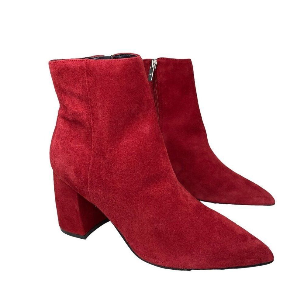 Marc Fisher Retire Pointed Toe Block Heel Red Suede Ankle Boot